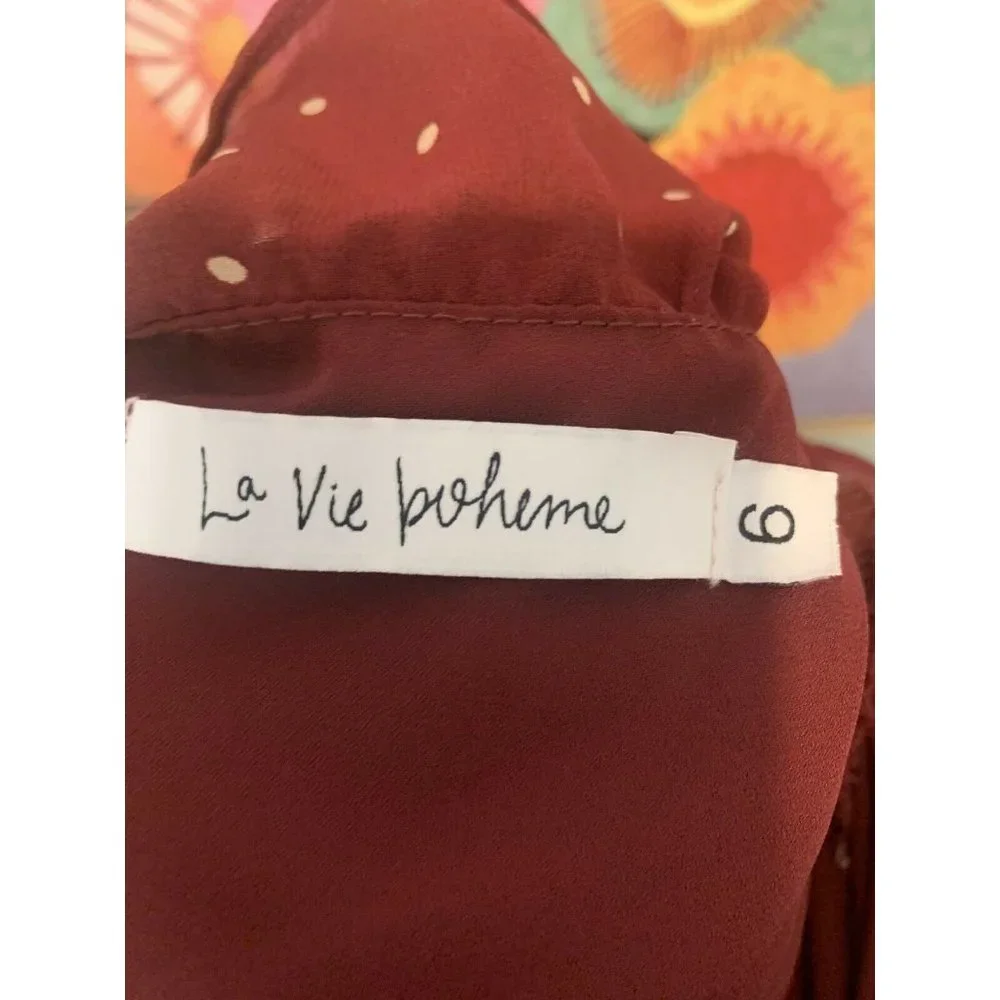 LA VIE BOHEME Burgundy Polka Dot Long Sleeve Frill Wrap Dress Sz 6 - Picture 9 of 9